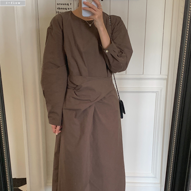 블러 랩 바스락 허리끈 맥시 코튼 롱 원피스 3col봄 가을 루즈핏 라운드 제이플로우 이미지 8