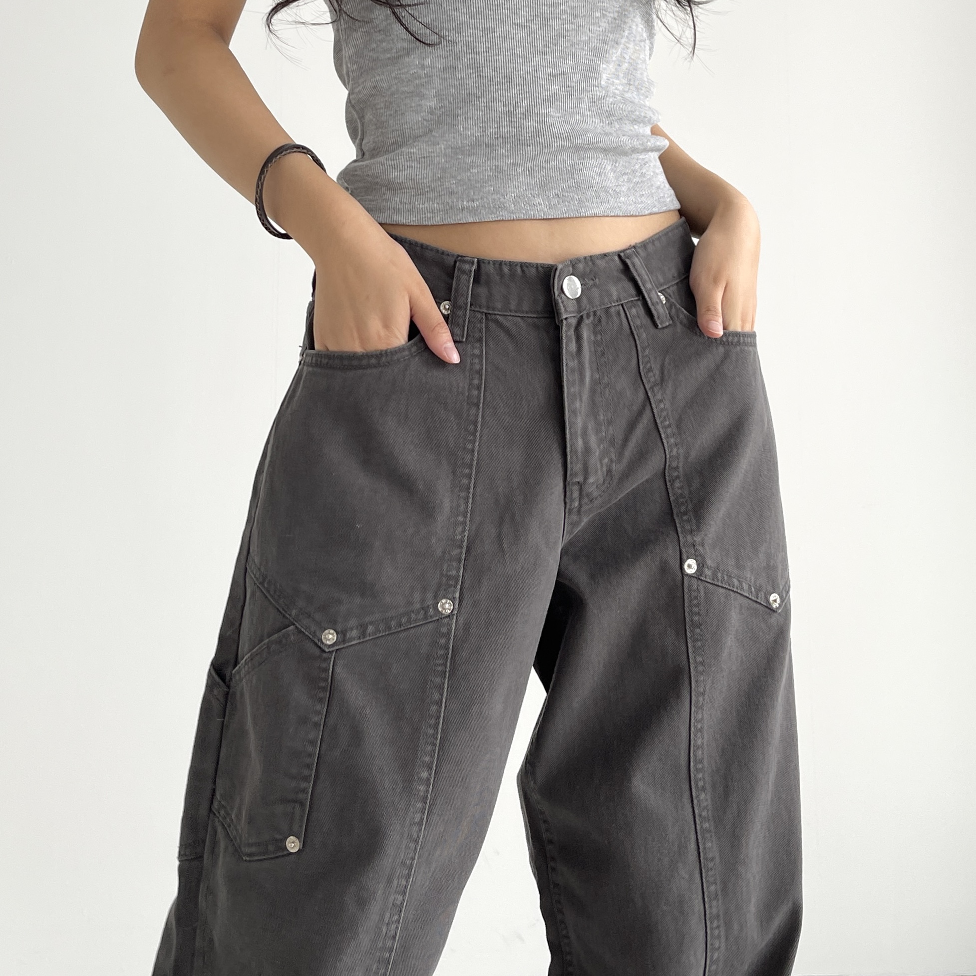 오오티제이 카펜터 여성 카고팬츠 세미와이드 일자 통 가을 로우라이즈 ootj바지 - 상세 이미지 5