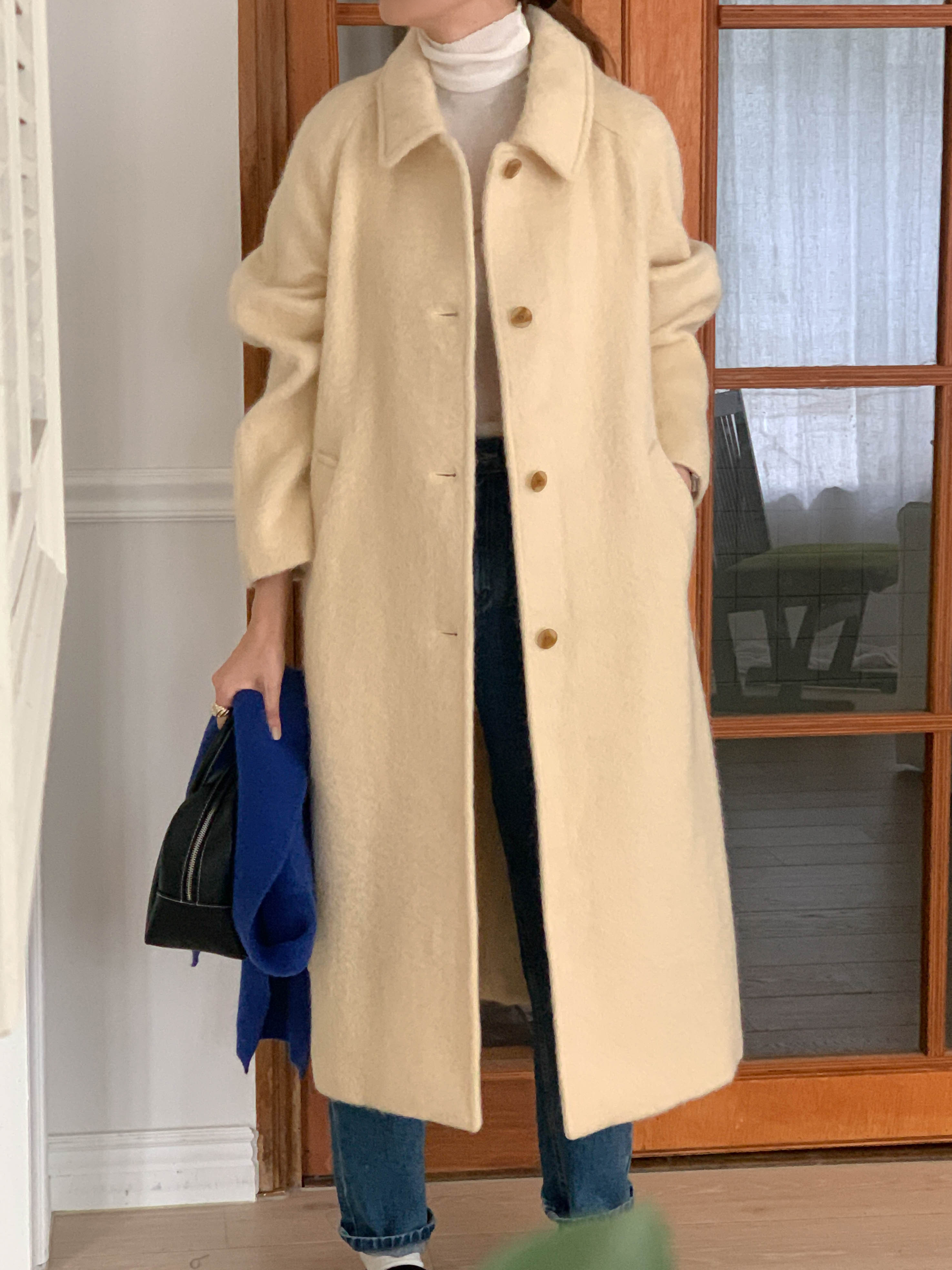 [아이메르]모헤어 클레어 싱글 롱코트 /따뜻한 울 루즈핏 옐로우 롱 맥시 싱클 핸드메이드코트 상세 이미지 4