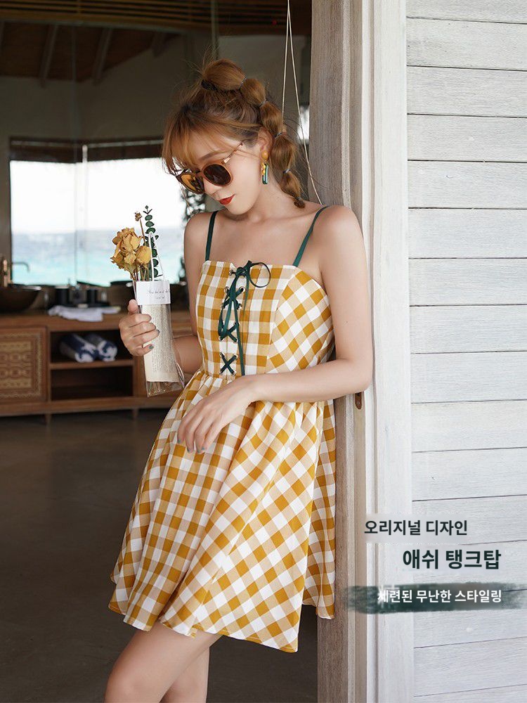 온천수영복 여성 비치패션 수영복 체크무늬 원피스 - 상세 이미지 2
