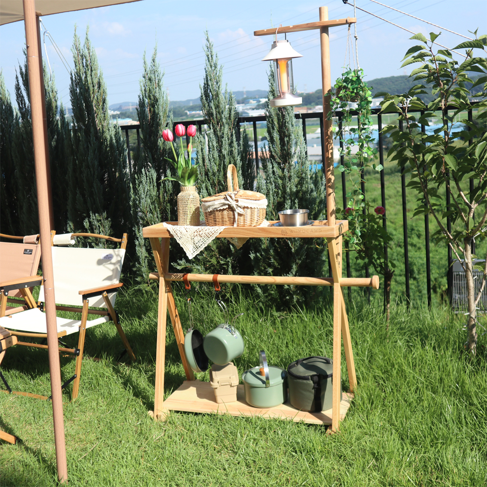 위모캠 인디언 행어 캠핑 2단 선반 우드 수납 쉘프 거치대 랜턴 휴지 키친타올 걸이