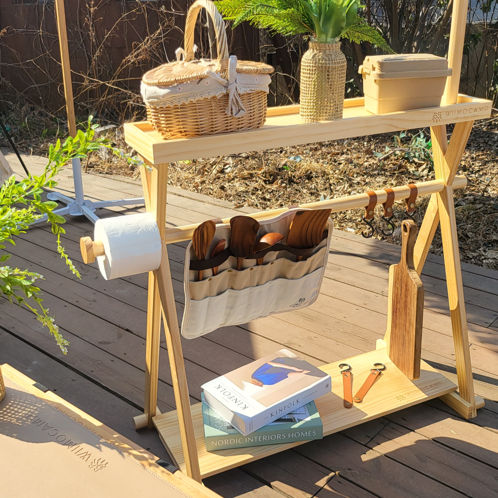위모캠 인디언 행어 캠핑 2단 선반 우드 수납 쉘프 거치대 랜턴 휴지 키친타올 걸이
