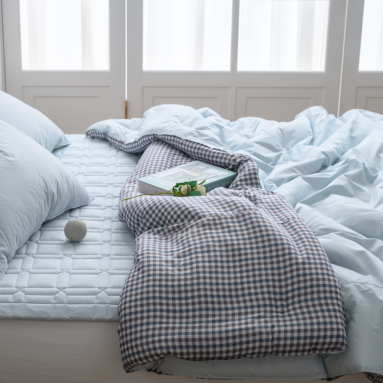 리눔아티카 고급 면 모달 체크 양면 호텔식 차렵이불 세트 퀸