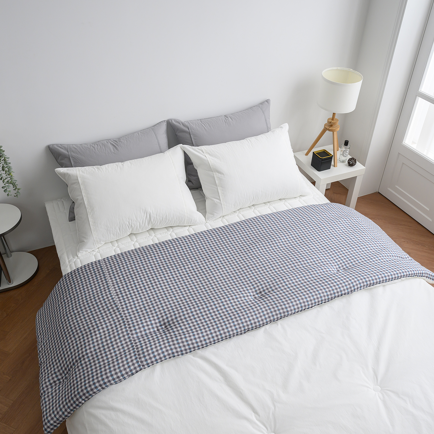 리눔아티카 고급 면 모달 체크 양면 호텔식 차렵이불 세트 퀸