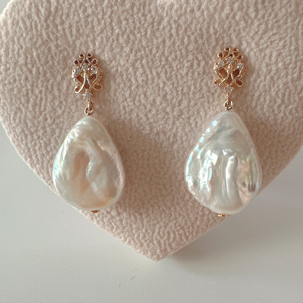 10K 14K 엔틱 담수 물방울 바로크 진주 딸랑이 드롭 귀걸이