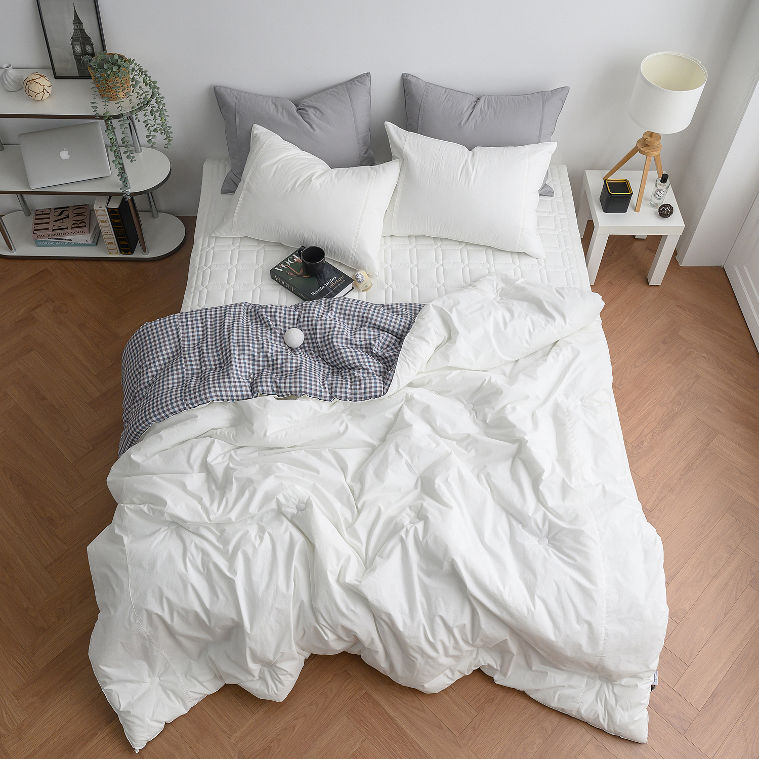 리눔아티카 고급 면 모달 체크 양면 호텔식 차렵이불 세트 퀸