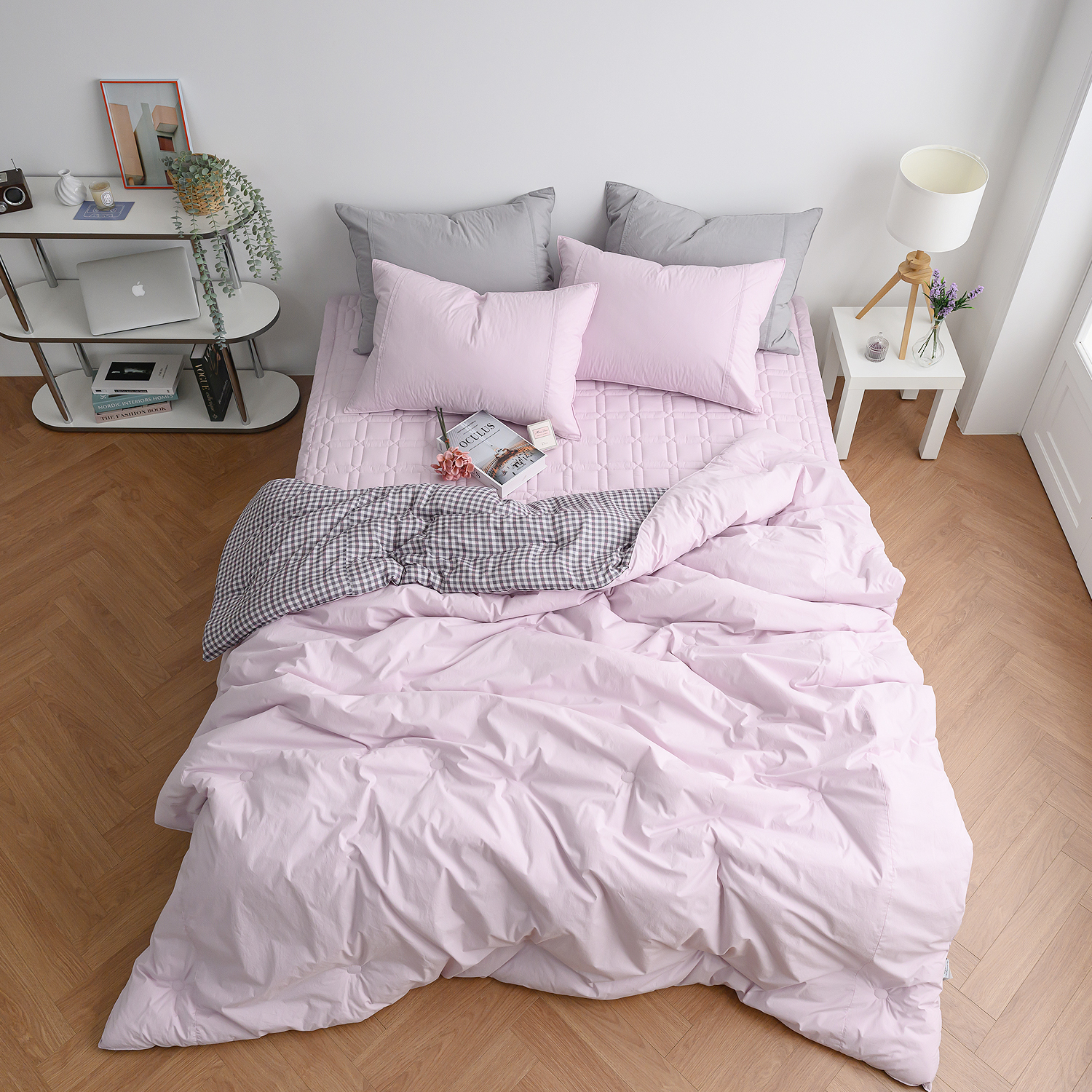 리눔아티카 고급 면 모달 체크 양면 호텔식 차렵이불 세트 퀸