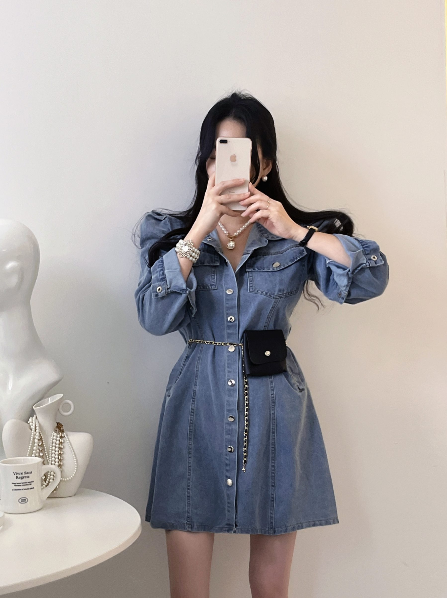 헤이쥬 원피스 셋업 2piece SET (데님원피스&벨트백/세트룩,핀턱,퍼프) [비비아레이디] - 상품 이미지