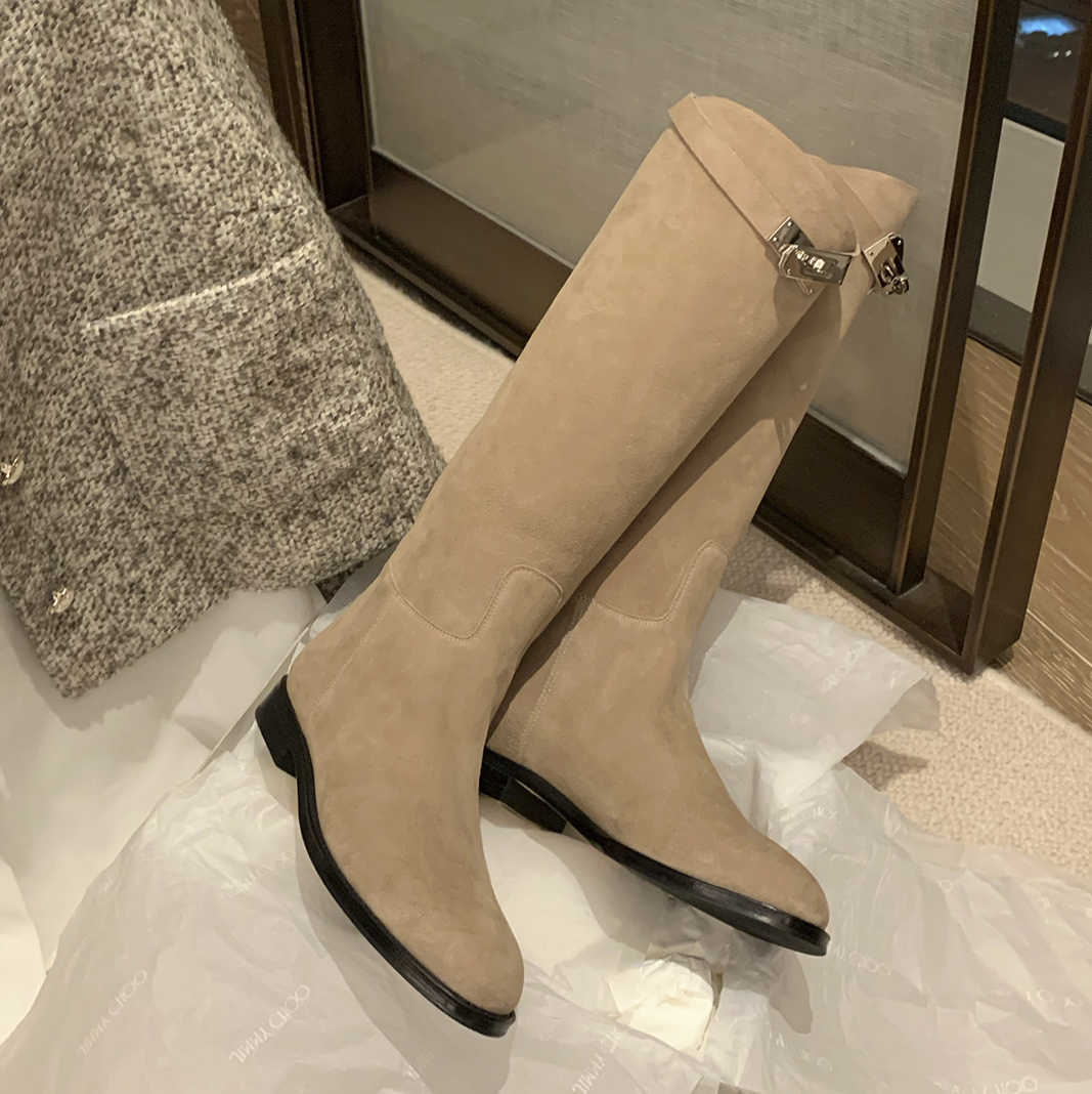 가을 겨울 스웨이드 롱부츠 실버버클 리얼레더 소가죽 라이더부츠 베이지 - 상세 이미지 2