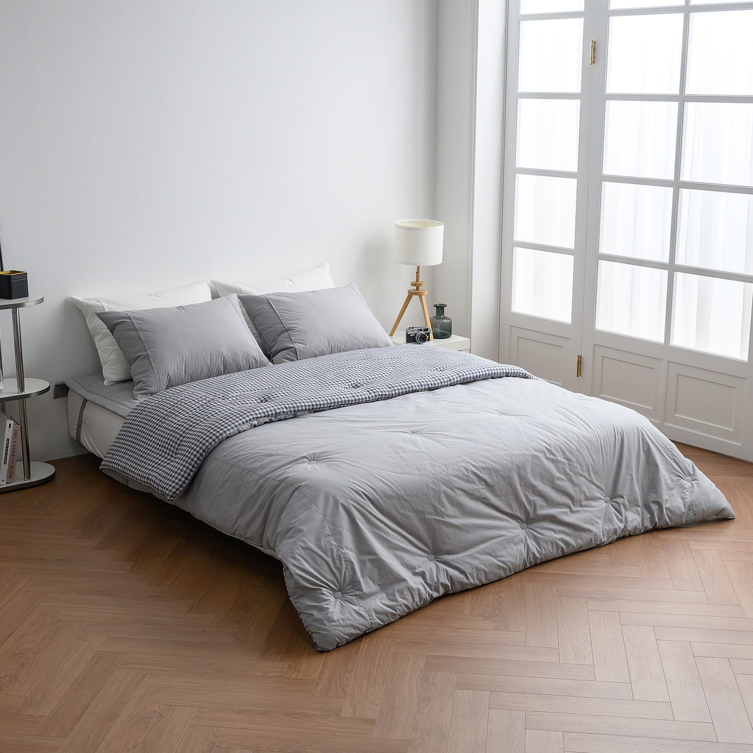 리눔아티카 고급 면 모달 체크 양면 호텔식 차렵이불 세트 퀸