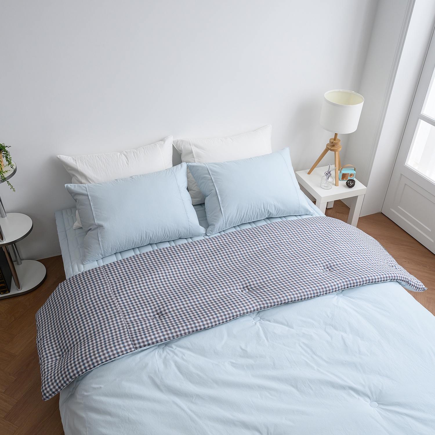 리눔아티카 고급 면 모달 체크 양면 호텔식 차렵이불 세트 퀸