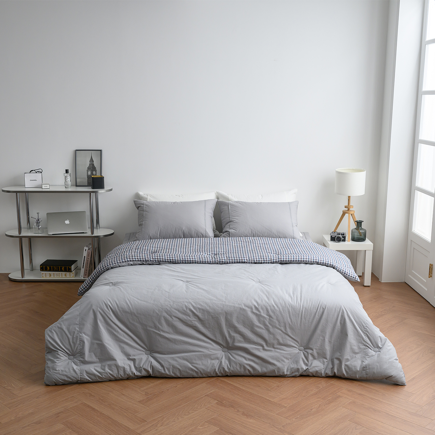 리눔아티카 고급 면 모달 체크 양면 호텔식 차렵이불 세트 퀸