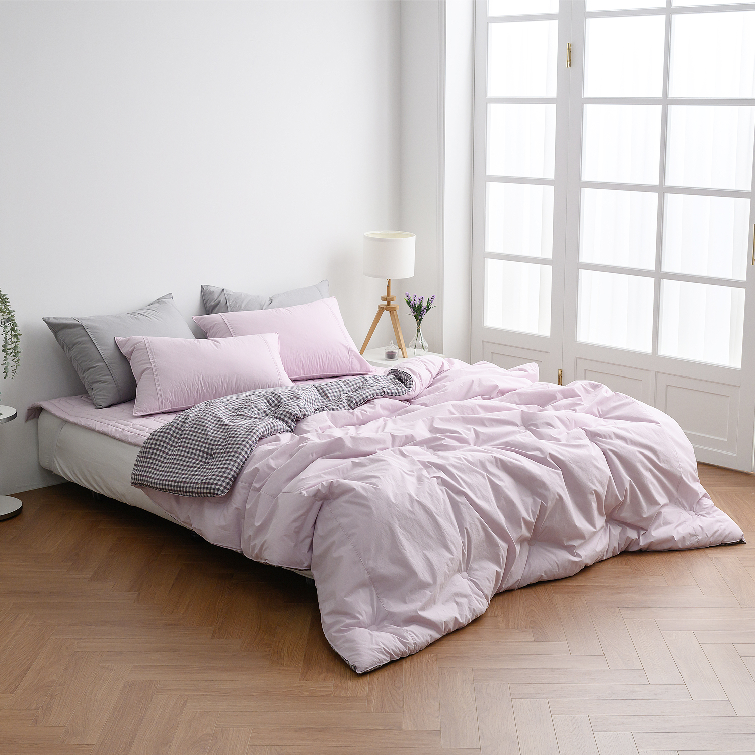 리눔아티카 고급 면 모달 체크 양면 호텔식 차렵이불 세트 퀸