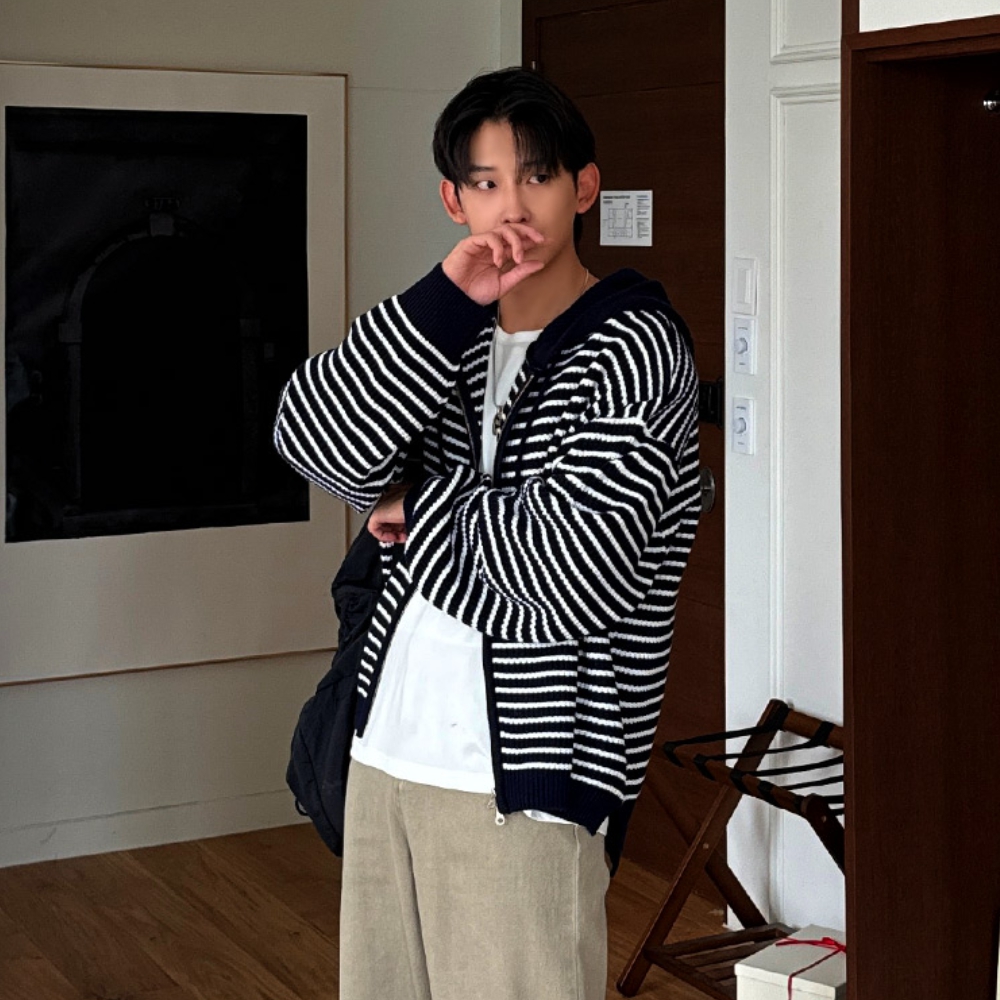 남자 어키 오버핏 봄 가을 스트라이프 패턴 후드 집업 - 메인 이미지