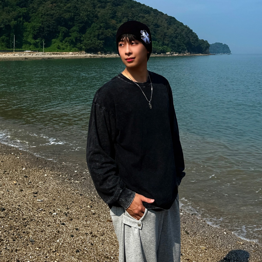 남자 메도 오버핏 봄 가을 피그먼트 워싱 긴팔 티셔츠 - 상세 이미지 3