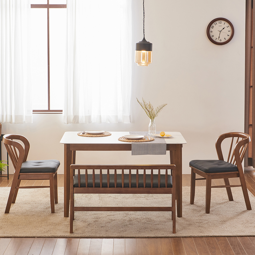 조슈아 1250 4인용 포세린 원목 통 세라믹 식탁 테이블 세트 등받이벤치형 의자2 2인벤치1