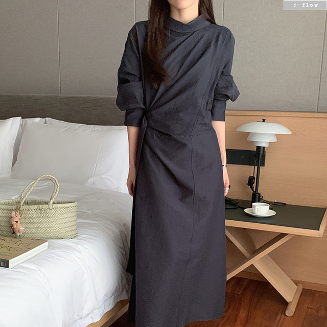 쥬르 반목 바스락 맥시 허리끈 롱 원피스 2col 가을 봄 루즈핏 랩 하이넥 제이플로우 이미지 8