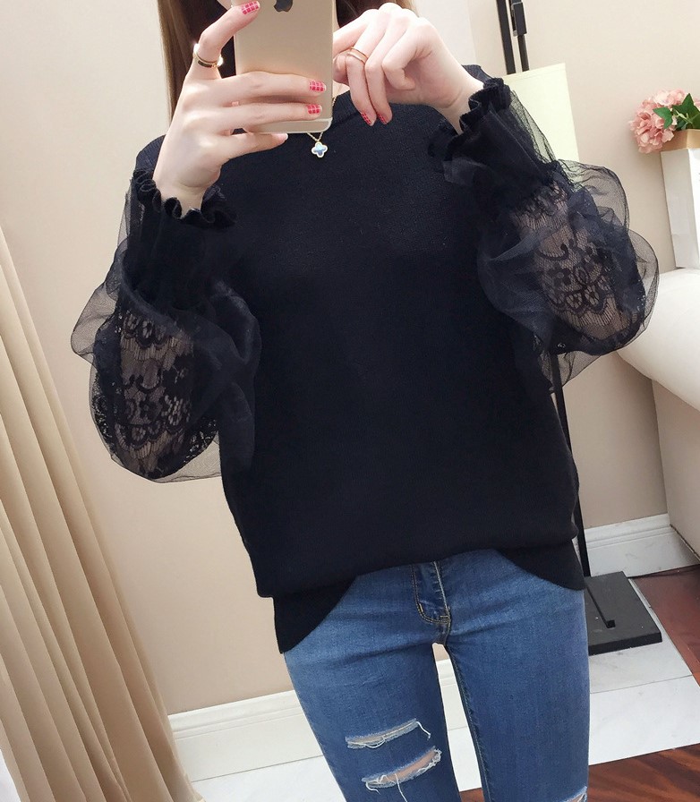 여자여자몰 간절기적당두께 이중 레이스망사소매 무지 니트블라우스 데일리 이너니트 이미지 6
