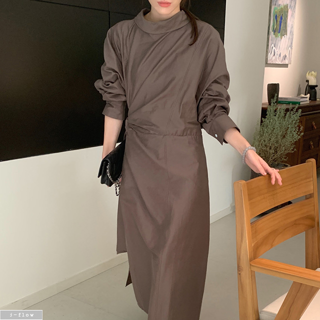쥬르 반목 바스락 맥시 허리끈 롱 원피스 2col 가을 봄 루즈핏 랩 하이넥 제이플로우 - 상세 이미지 2