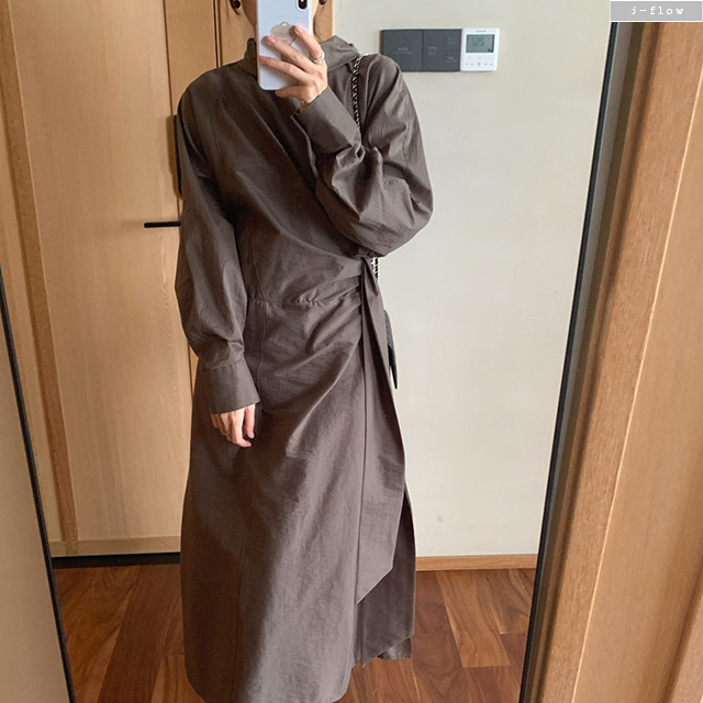 쥬르 반목 바스락 맥시 허리끈 롱 원피스 2col 가을 봄 루즈핏 랩 하이넥 제이플로우 - 상세 이미지 5