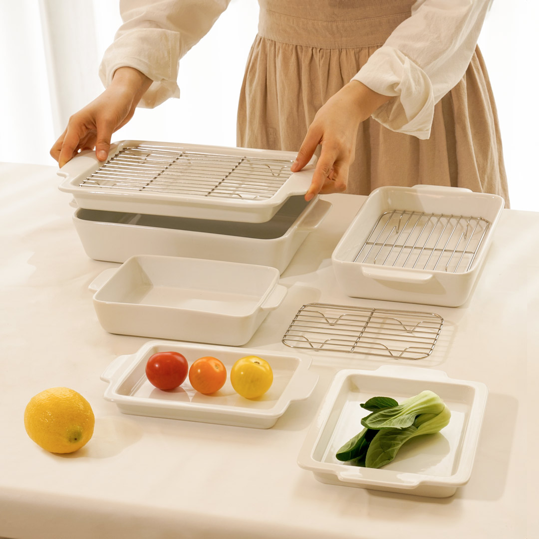 케어프린 세라믹 밧드 플레이트 세트 오븐 에어프라이어 사각 트레이 손잡이 그릇 접시 도자기 9종