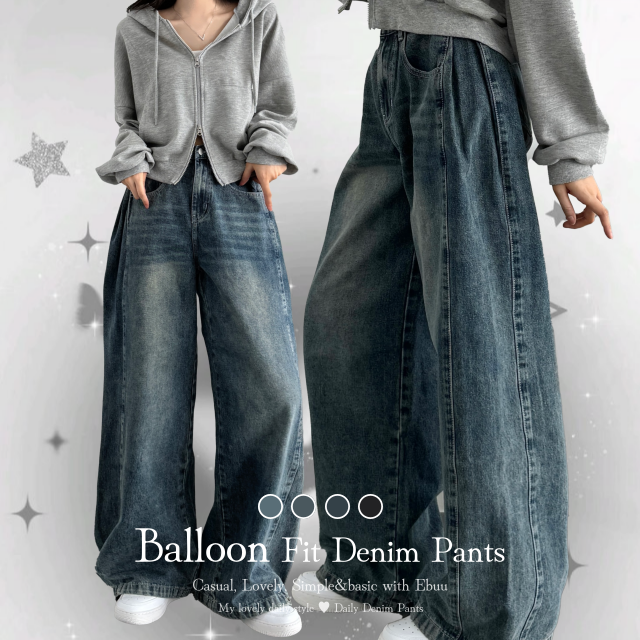 벌룬핏 사이드 스냅버튼 워싱 와이드 데님 팬츠 - 상품 이미지