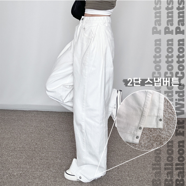 벌룬핏 사이드 핀턱 스냅버튼 면 워싱 사이드 와이드 팬츠 - 상세 이미지 4