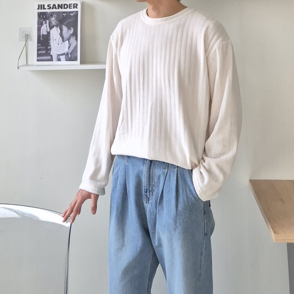 남자긴팔티 오버핏 흰색 무지 이너 티셔츠 - 상세 이미지 4