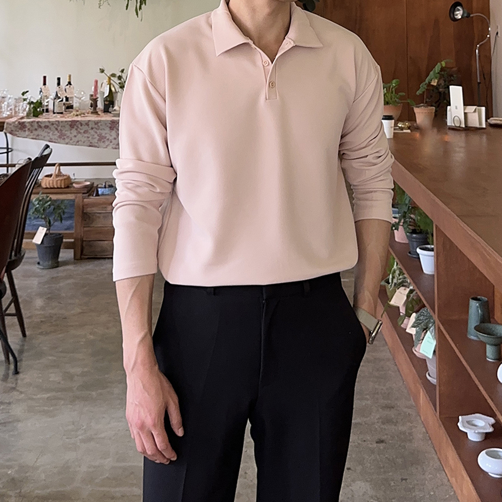 1+1 남자 카라티 오버핏 헨리넥 긴팔 티셔츠 - 상세 이미지 4