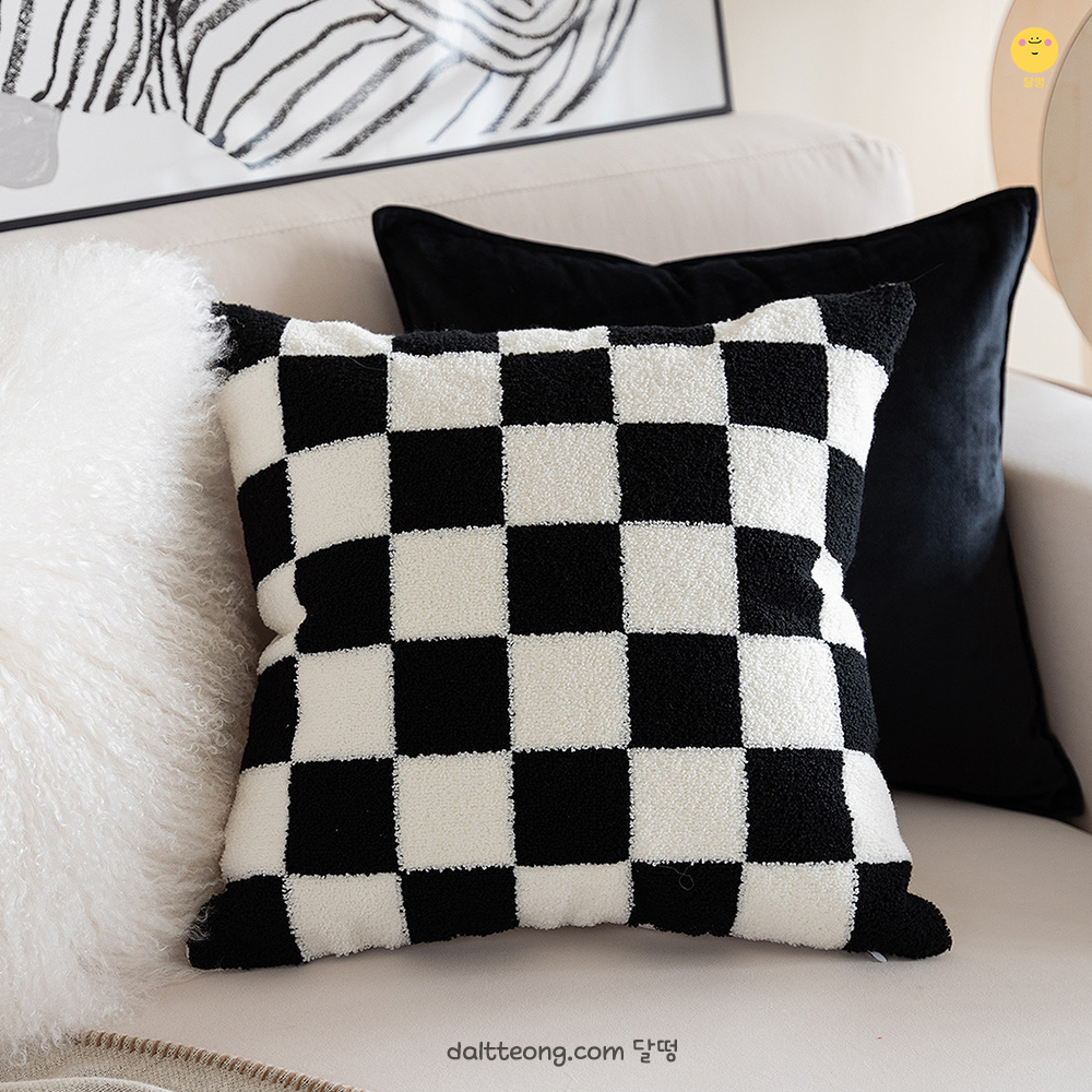 달떵 블랙 체커보드 거실 쇼파 쿠션 커버 북유럽 인테리어 벨벳 패브릭