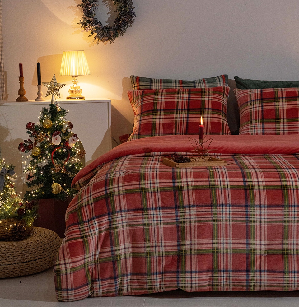 체크 극세사이불 크리스마스 겨울 알러지케어 양면 레드 차렵이불 SS