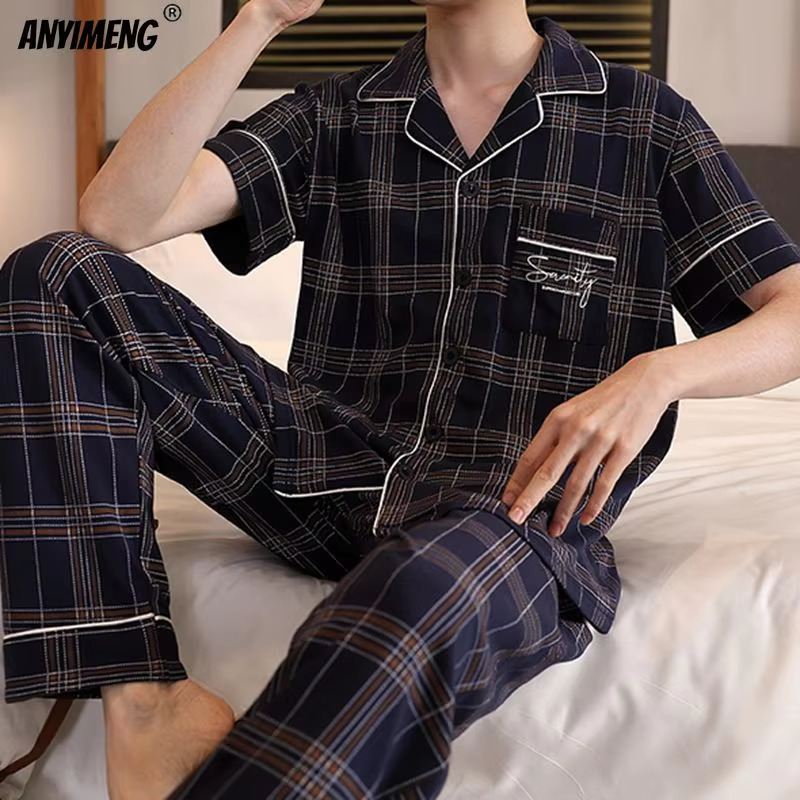 남자 잠옷 파자마 수면 홈웨어 빅사이즈 L-5XL 럭셔리 남성 반팔 턴다운 칼라 세트 신사 캐주얼 코튼 봄 여름 가을 : 피티통상