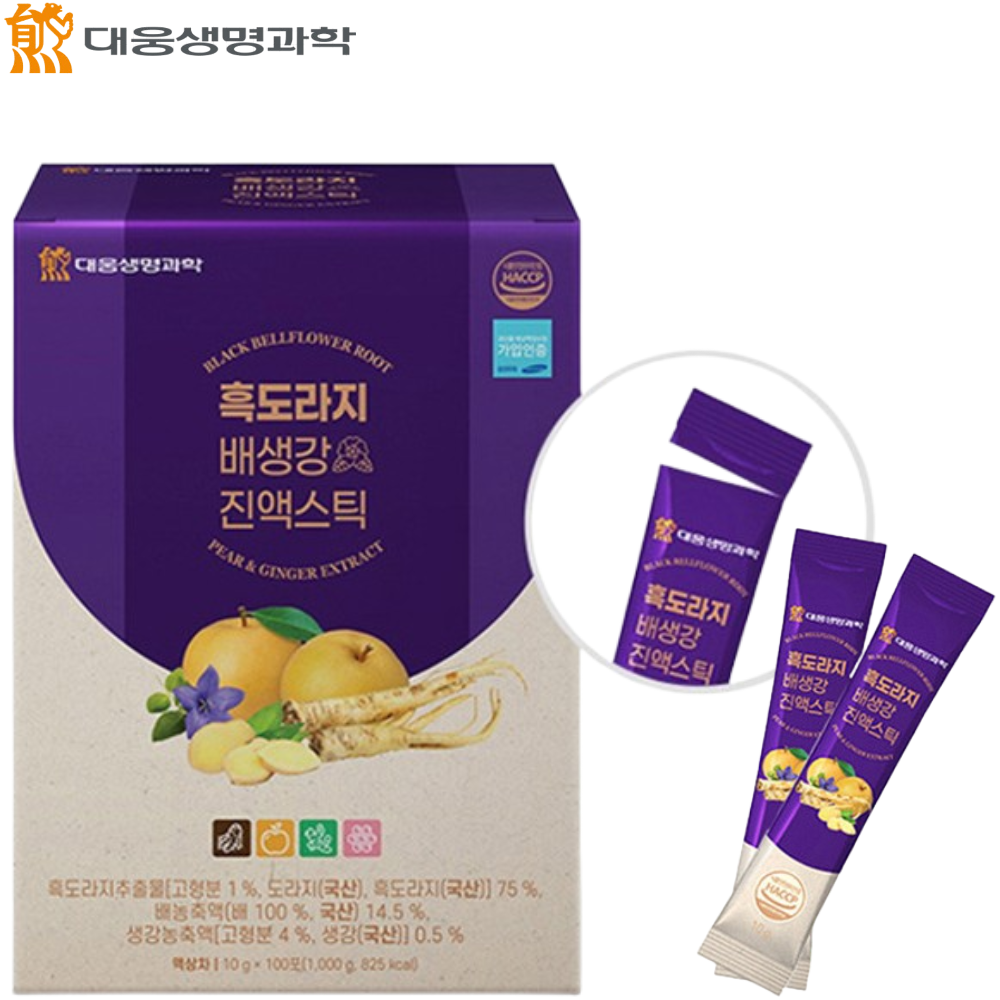 대웅생명과학 흑도라지 배 생강 진액 스틱 10g 100포 국내산 100% 목 기관지 건강 - 상품 이미지