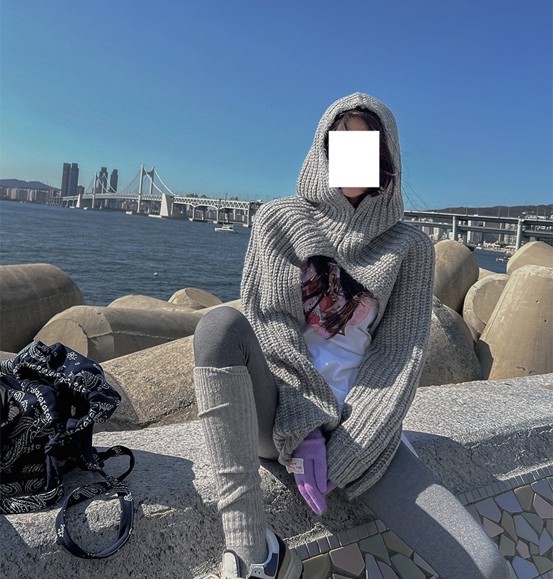 후드넥워머 스웨터 레이어드 목도리 목토시 니트 긴팔 숄 모자 바라클라바 옷잘입는센스 여성 - 상세 이미지 2