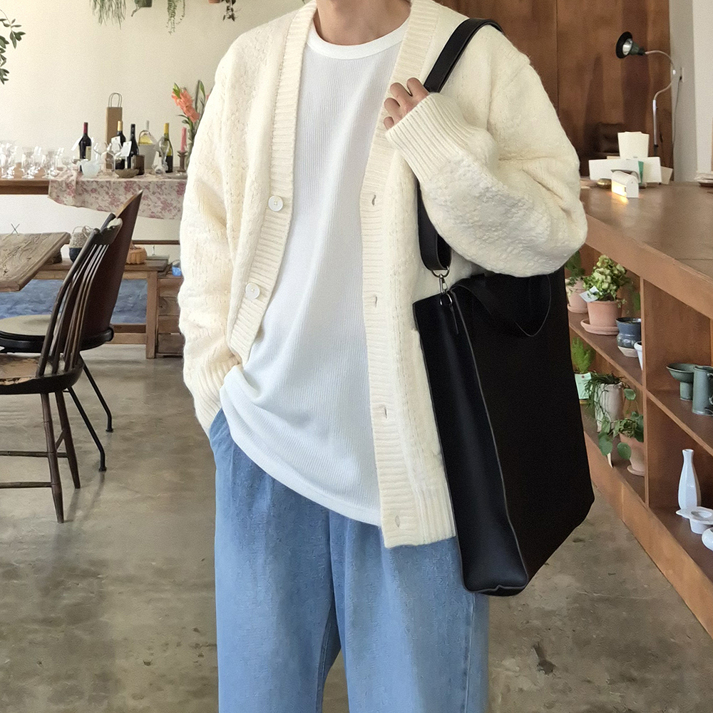 남자가디건 오버핏 두툼한 꽈배기 캐시미어 가디건 - 상세 이미지 2