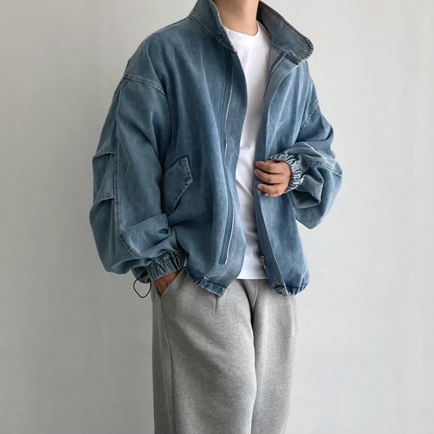 남자 야상점퍼 데님 워싱 스트링 오버핏 야상 청자켓 제품 이미지