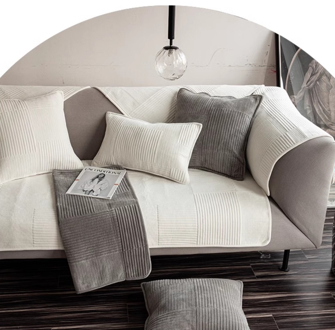 겨울 넓은 쇼파패드 6인용 극세사 논슬립 돌 흙 소파토퍼 방석 깔개 라인화이트 90x280