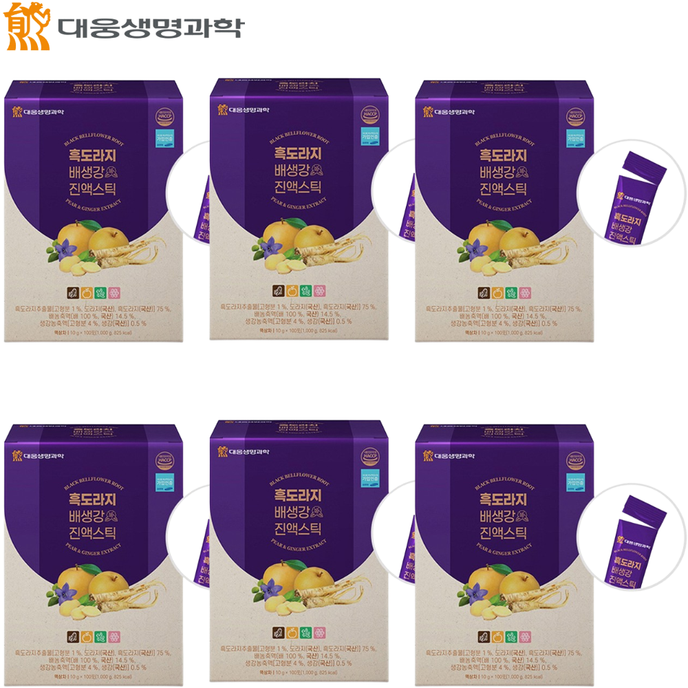 대웅생명과학 흑도라지 배 생강 진액 스틱 100포 6박스 국내산 100% 목 기관지 건강 - 상품 이미지