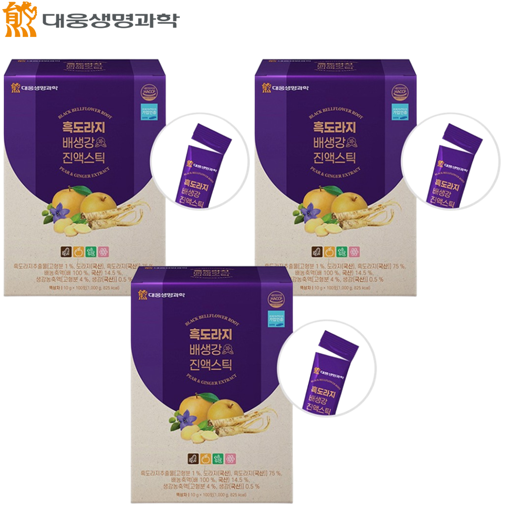 대웅생명과학 흑도라지 배 생강 진액 스틱 100포 3박스 국내산 100% 목 기관지 건강 - 상품 이미지