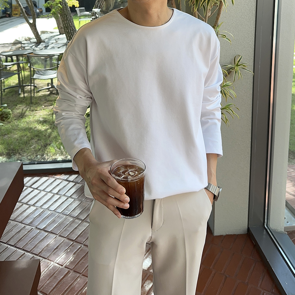 남자 긴팔티 오버핏 코듀로이 흰색 보트넥 티셔츠 - 상품 이미지