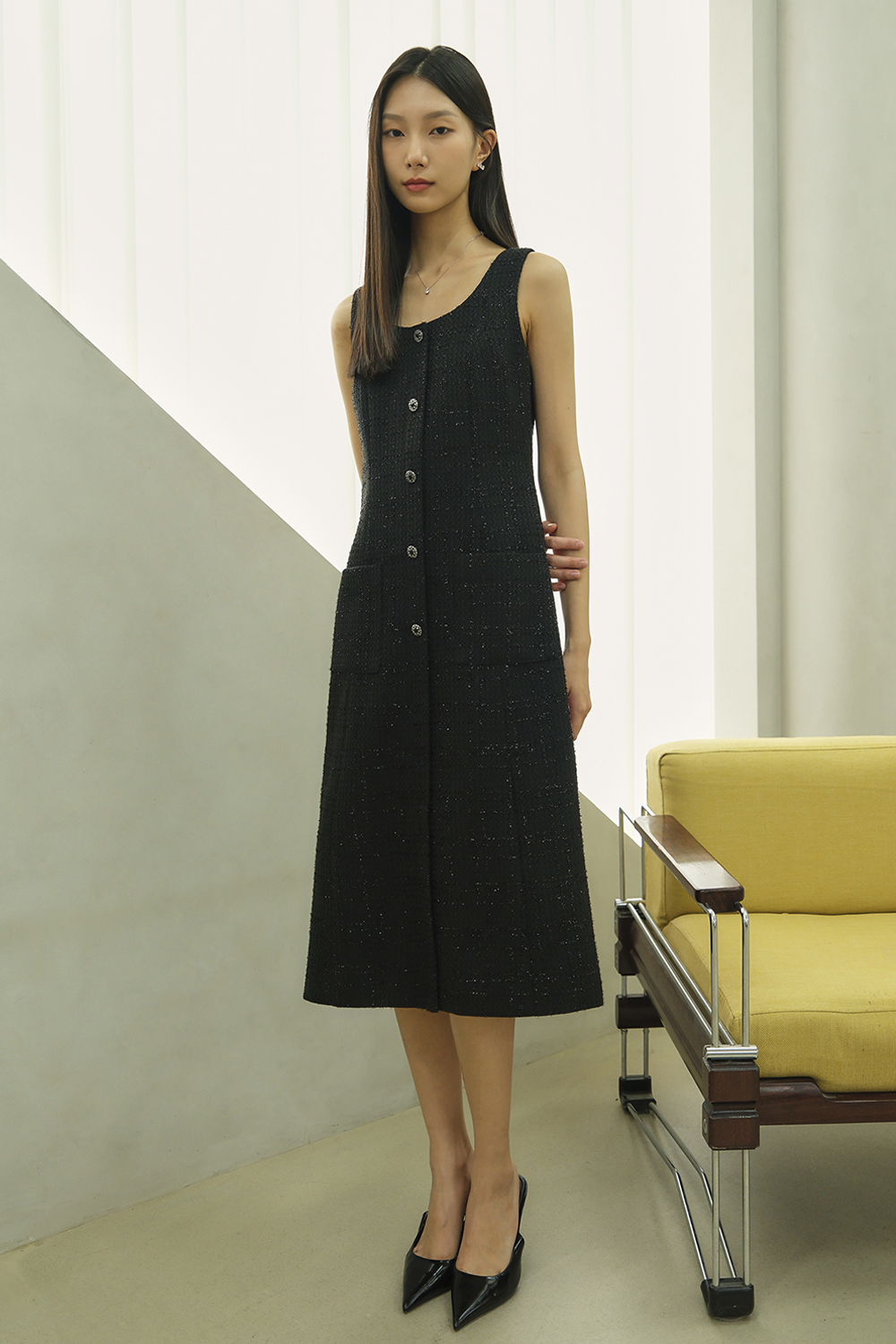 JANE U neck Sleeveless Tweed dress_black - 상세 이미지 3