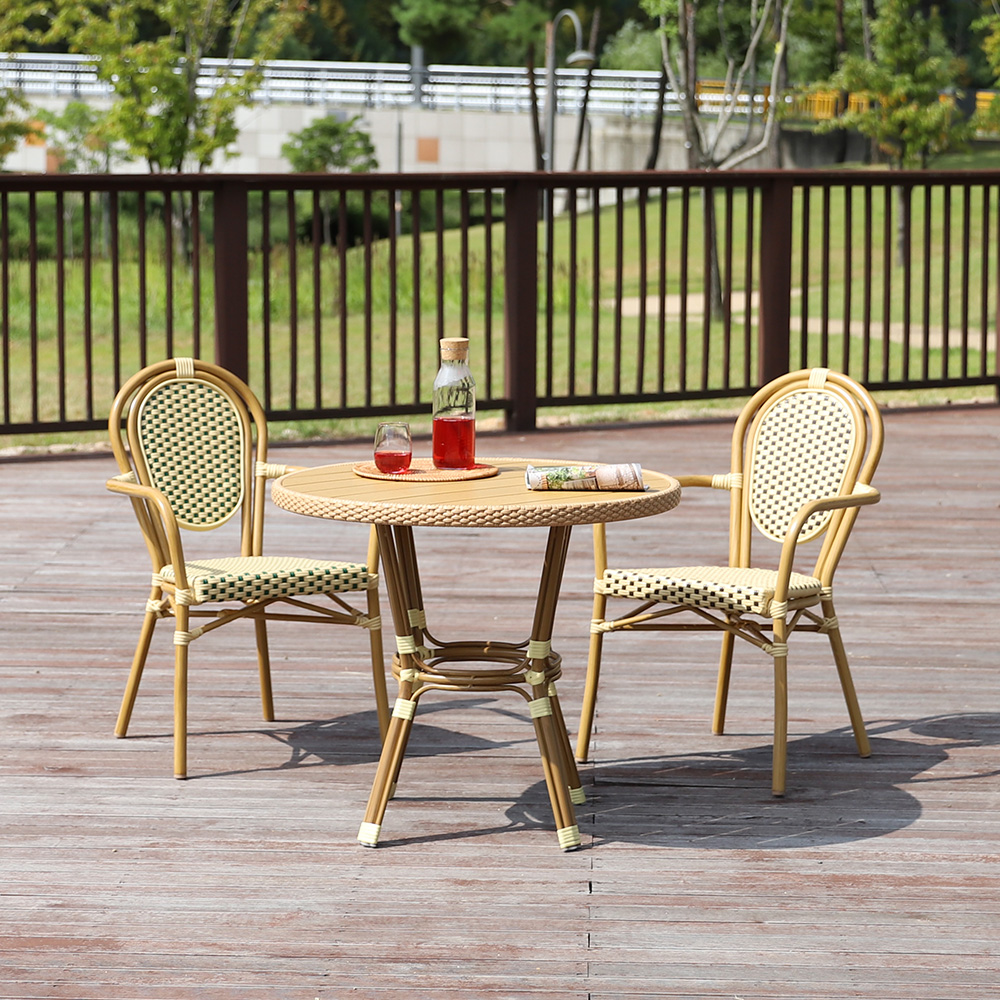 (2인세트)루시아암 야외용 카페테라스 레스토랑 라탄 의자 테이블 세트 내추럴 그린
