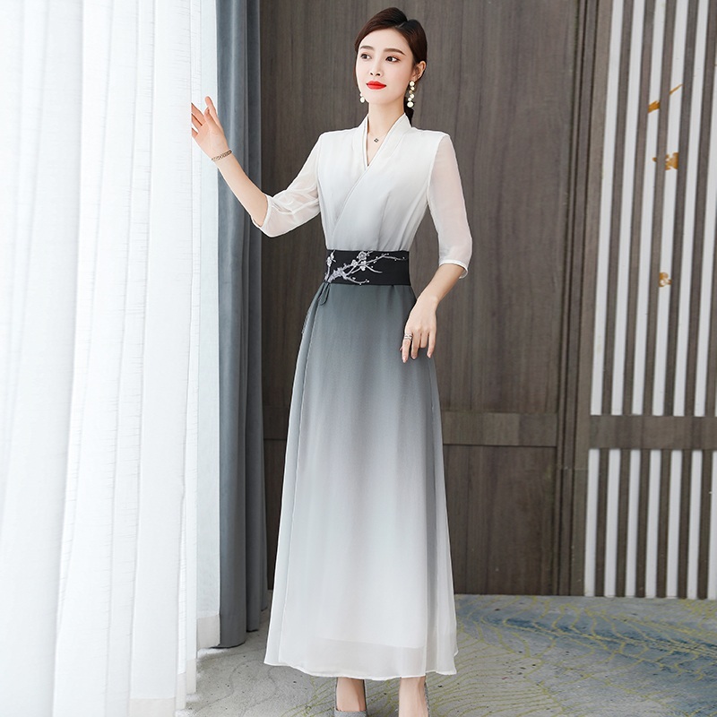 여름 개량한복 드레스 중년 여성 엄마 혼주 원피스 연주회 이브닝 전통디자인 철릭 공연 - 상세 이미지 3