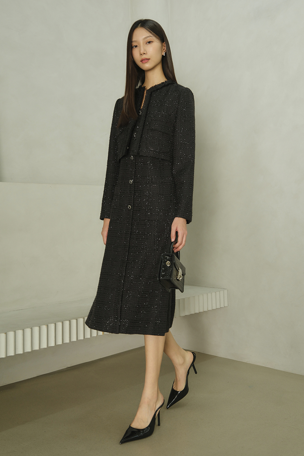 JANE Long sleeve Tweed Set-up_black - 메인 이미지