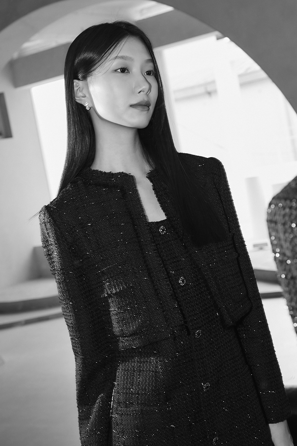 JANE Long sleeve Fringe Tweed Cropped Jacket_black 이미지 7