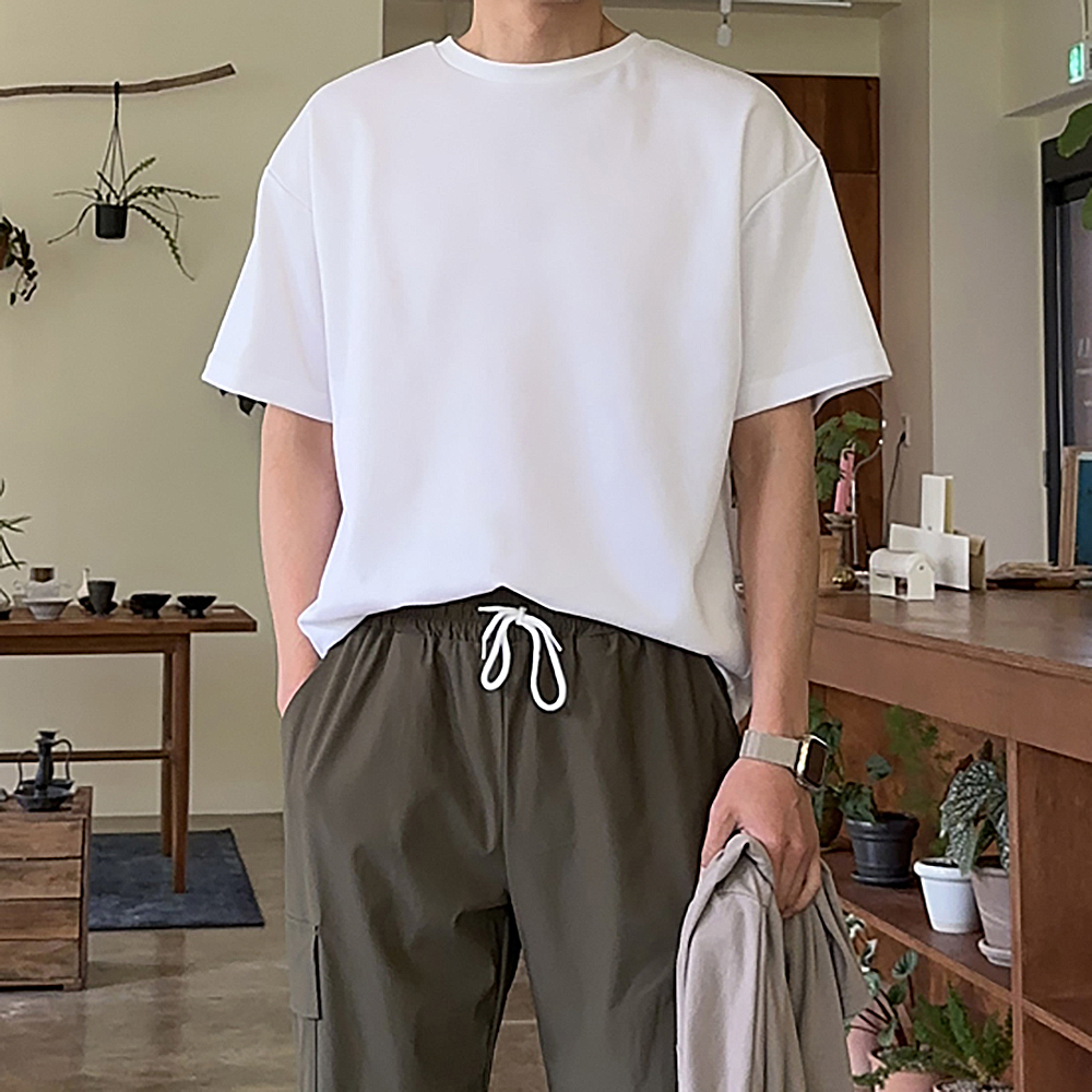 1+1 남자 반팔티 오버핏 무지 이너 레이어드 흰색 티셔츠 - 상품 이미지