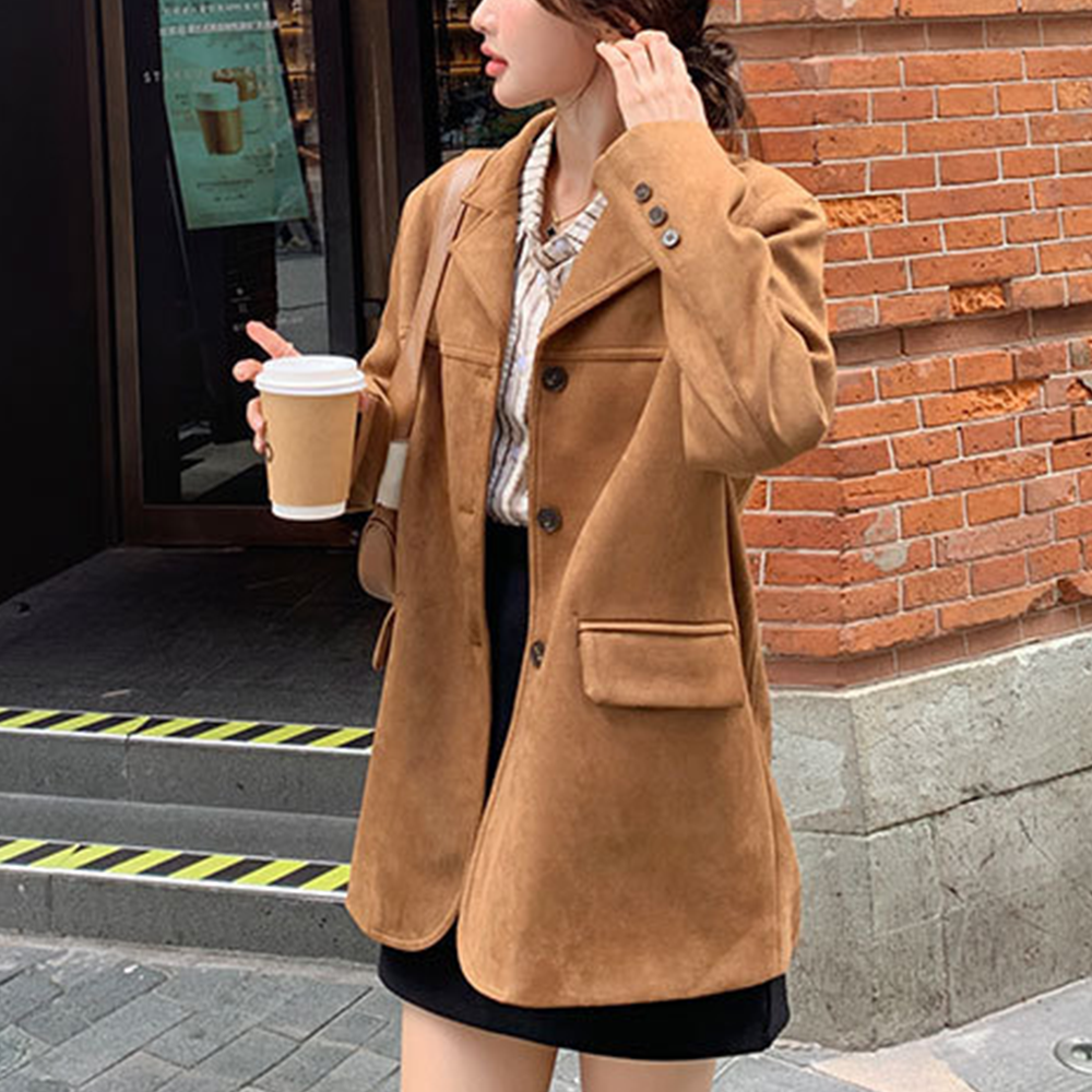 스웨이드 블레이저자켓 가을아우터 여성 카라 브라운 오버핏 반코트 세무자켓 - 상세 이미지 4