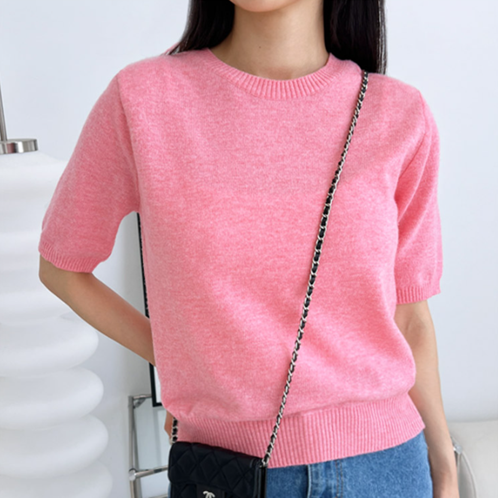 핑크색니트 핫핑크 분홍 캐시미어 반팔 봄 가을 간절기 니트