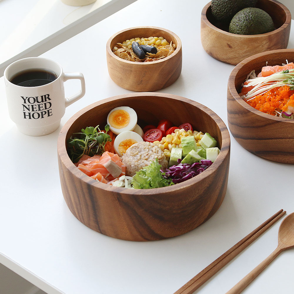 아카시아 감성 우드 접시 플레이팅 높은 원형 나무 그릇 샐러드 브런치 다과 플레이트 S - 상세 이미지 4
