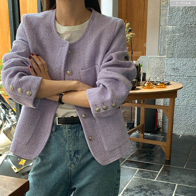 랜드 트위드 노카라 라운드 루즈핏 자켓 2col 가을 봄 하객 오버핏 포켓 제이플로우 - 상품 이미지